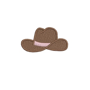 May include: Embroidered patch featuring a brown cowboy hat with a pink band. The hat has a curved brim and a detailed stitched texture, ideal for adding a Western touch to clothing or accessories.