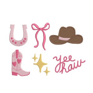 May include: Embroidered Western-themed designs on a white backdrop. Features a pink horseshoe, a pink bow, a brown cowboy hat with a pink band, a pink cowboy boot with hearts, gold starbursts, and the text "yee haw" in pink.