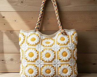 Modello PDF per borsa tote quadrata "Daisy Grandma", borsa a fiori all'uncinetto, borsa da mercato boho, borsetta in stile fatto a mano, modello facile