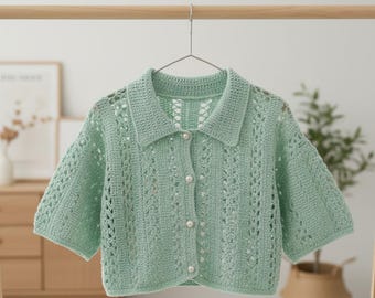 Patrón de cárdigan corto de ganchillo en PDF, top de encaje veraniego, suéter con botones de malla, descarga instantánea.
