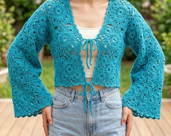 Crochet Grandma Square Tie Front Cardigan Muster | Boho Blumen Mesh Crop Top | PDF Datei: Bell Sleeve Sommer Shrug