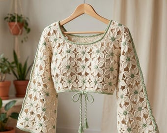 Crochet Daisy Bell Sleeve Top Pattern PDF | Boho Floral Crop Top
