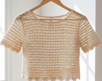 Patrón PDF para top de malla de ganchillo, top corto de ganchillo de verano, top bohemio para festivales, camiseta ligera de playa, ideal para principiantes.