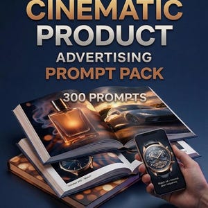 May include: A digital product titled Cinematic Product Advertising Prompt Pack featuring 300 prompts. The graphic displays open books showing images of a perfume bottle, a car, and a watch, alongside a smartphone displaying a watch face.