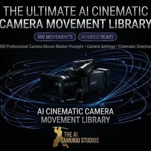 May include: A black professional cinema camera surrounded by blue circular motion lines. Text reads: THE ULTIMATE AI CINEMATIC CAMERA MOVEMENT LIBRARY, 300 MOVEMENTS, AI VIDEO READY, 300 Professional Camera Moves Master Prompts, Camera Settings, Cinematic Direction, and THE AI SAMURAI STUDIOS.