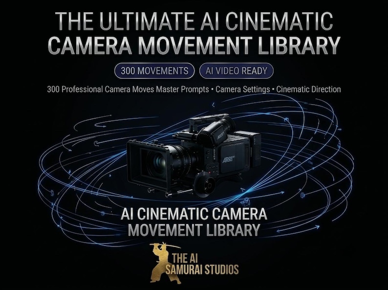 May include: A black professional cinema camera surrounded by blue circular motion lines. Text reads: THE ULTIMATE AI CINEMATIC CAMERA MOVEMENT LIBRARY, 300 MOVEMENTS, AI VIDEO READY, 300 Professional Camera Moves Master Prompts, Camera Settings, Cinematic Direction, and THE AI SAMURAI STUDIOS.