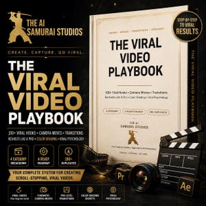 May include: A book titled The Viral Video Playbook with a cream cover and black text, featuring a gold samurai logo. Beside it sits a black film clapperboard, a camera lens, and two small black cubes labeled Pr and Ae, all on a dark surface.