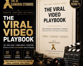 May include: A book titled The Viral Video Playbook with a cream cover and black text, featuring a gold samurai logo. Beside it sits a black film clapperboard, a camera lens, and two small black cubes labeled Pr and Ae, all on a dark surface.