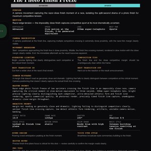 May include: A black informational document titled The Cinematic Camera Movement Library, Movement No. 216 / 300, The Photo Finish Freeze. The text details camera settings, movement breakdown, lighting, and prompts for capturing sports race finishes.