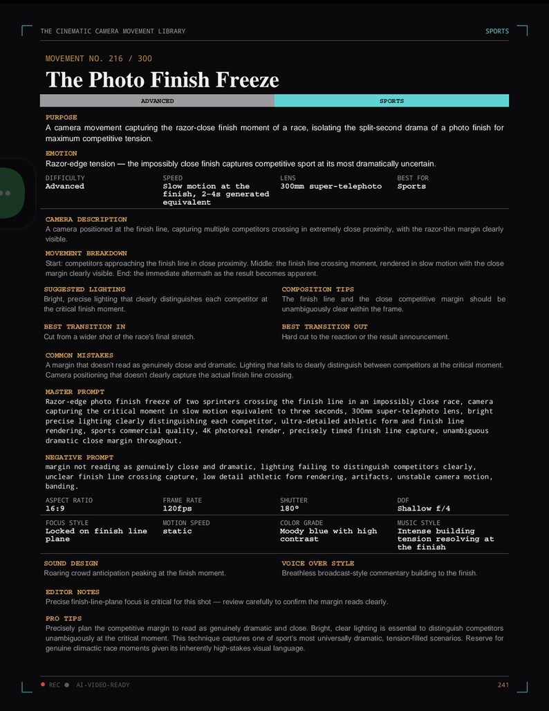 May include: A black informational document titled The Cinematic Camera Movement Library, Movement No. 216 / 300, The Photo Finish Freeze. The text details camera settings, movement breakdown, lighting, and prompts for capturing sports race finishes.