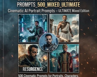 May include: A digital collection titled CINEMATIC AI PORTRAIT PROMPTS_500_MIXED_ULTIMATE featuring four distinct character images including a futuristic city dweller, a Greek warrior, a soldier, and a royal figure, with text describing 500 prompts.