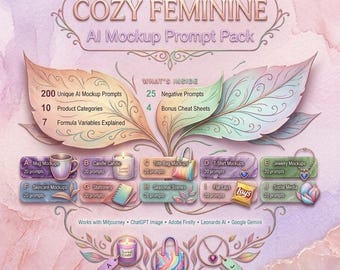 May include: A digital product flyer titled COZY FEMININE AI Mockup Prompt Pack by The AI Samurai Studios. It features pastel watercolor backgrounds, lists 200 prompts, 10 categories, 25 negative prompts, and 4 cheat sheets with icons for mugs, candles, bags, shirts, jewelry, skincare, stationery, and social media.