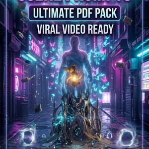 May include: A digital document titled 300 SURREAL SCENE PROMPTS ULTIMATE PDF PACK VIRAL VIDEO READY FOR MIDJOURNEY DALL-E 3 STABLE DIFFUSION. The graphic features a glowing humanoid figure holding a lantern in a neon-lit alleyway with butterflies.