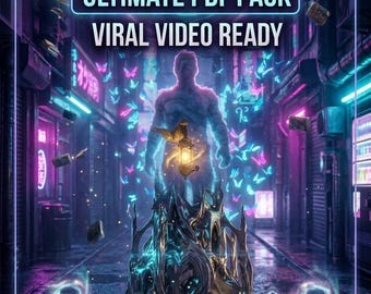 May include: A digital document titled 300 SURREAL SCENE PROMPTS ULTIMATE PDF PACK VIRAL VIDEO READY FOR MIDJOURNEY DALL-E 3 STABLE DIFFUSION. The graphic features a glowing humanoid figure holding a lantern in a neon-lit alleyway with butterflies.