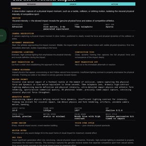 May include: A black informational page titled The Slow Motion Impact, Movement No. 210/300. The text details camera settings, lighting, and composition tips for capturing sports action, including a master prompt and technical specifications.