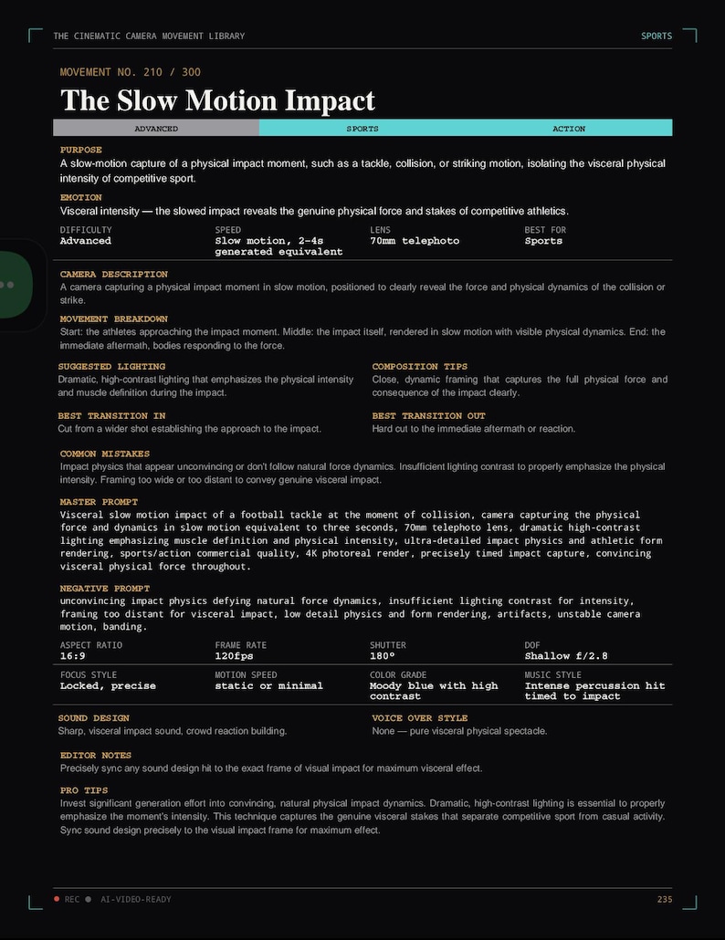 May include: A black informational page titled The Slow Motion Impact, Movement No. 210/300. The text details camera settings, lighting, and composition tips for capturing sports action, including a master prompt and technical specifications.