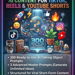 May include: Digital graphic promoting AI content creation for TikTok, Reels, and YouTube Shorts. The image features a large number 3, a smartphone with an AI icon, and various social media icons. Text includes "300 Ready-to-Use AI Talking Object Prompts."