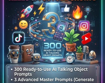 May include: A digital graphic promoting AI content creation for TikTok, Reels, and YouTube Shorts. It features a large number 3, a smartphone, and various animated characters including a coffee cup, book, robot, and plant, with text listing 300 prompts.
