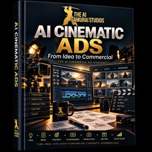 Puede incluir: Un libro de tapa dura negro titulado AI CINEMATIC ADS From Idea to Commercial de The AI Samurai Studios. La portada muestra un monitor de computadora con software de edición de video, una cámara, una taza y una cuadrícula de guion gráfico.