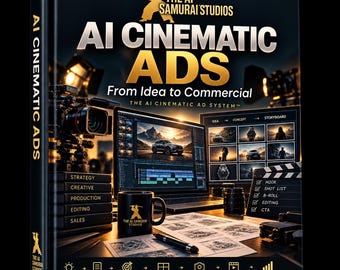 May include: A black hardbound book titled AI CINEMATIC ADS From Idea to Commercial by The AI Samurai Studios. The cover features a computer monitor displaying video editing software, a camera, a mug, and a storyboard grid with text.