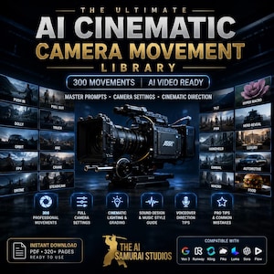 May include: A digital guide titled The Ultimate AI Cinematic Camera Movement Library featuring a black Arri cinema camera in the center. The layout includes 300 movement examples, camera settings, and compatibility icons for AI video tools.