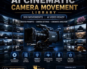 May include: A digital guide titled The Ultimate AI Cinematic Camera Movement Library featuring a black Arri cinema camera in the center. The layout includes 300 movement examples, camera settings, and compatibility icons for AI video tools.