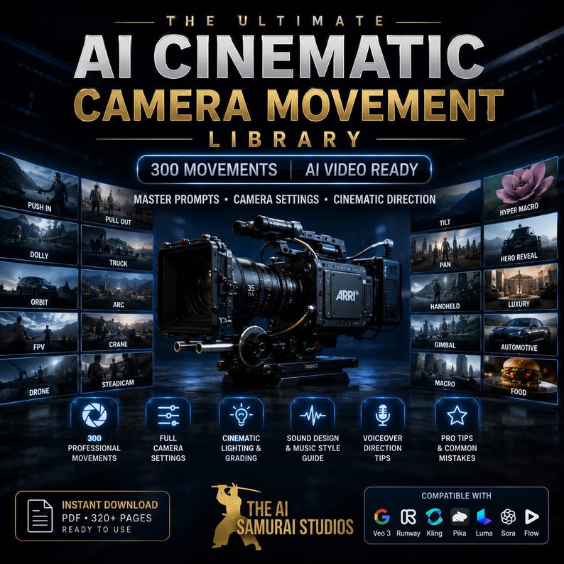May include: A digital guide titled The Ultimate AI Cinematic Camera Movement Library featuring a black Arri cinema camera in the center. The layout includes 300 movement examples, camera settings, and compatibility icons for AI video tools.