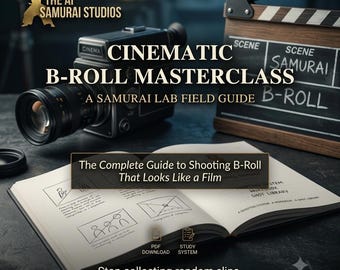 May include: A digital guide titled Cinematic B-Roll Masterclass: A Samurai Lab Field Guide, featuring a vintage cinema camera, a wooden film clapperboard, and an open workbook with hand-drawn storyboards and text about shooting film sequences.