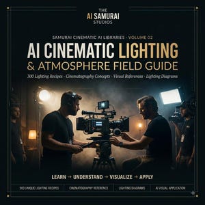 Könnte beinhalten: Ein digitaler Leitfaden mit dem Titel The AI Samurai Studios Samurai Cinematic AI Libraries Volume 02 AI Cinematic Lighting & Atmosphere Field Guide. Das Cover zeigt zwei Personen, die eine professionelle Filmkamera auf einem Stativ bedienen.