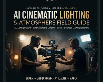May include: A digital guide titled The AI Samurai Studios Samurai Cinematic AI Libraries Volume 02 AI Cinematic Lighting & Atmosphere Field Guide. The cover features two people operating a professional cinema camera on a tripod in a studio.