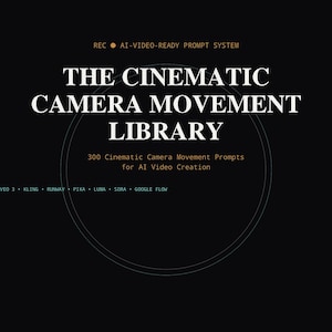 May include: A black digital document titled THE CINEMATIC CAMERA MOVEMENT LIBRARY with the subtitle 300 Cinematic Camera Movement Prompts for AI Video Creation. It includes the text REC AI-VIDEO-READY PROMPT SYSTEM and VEO 3 KLING RUNWAY PIKA LUMA SORA GOOGLE FLOW.