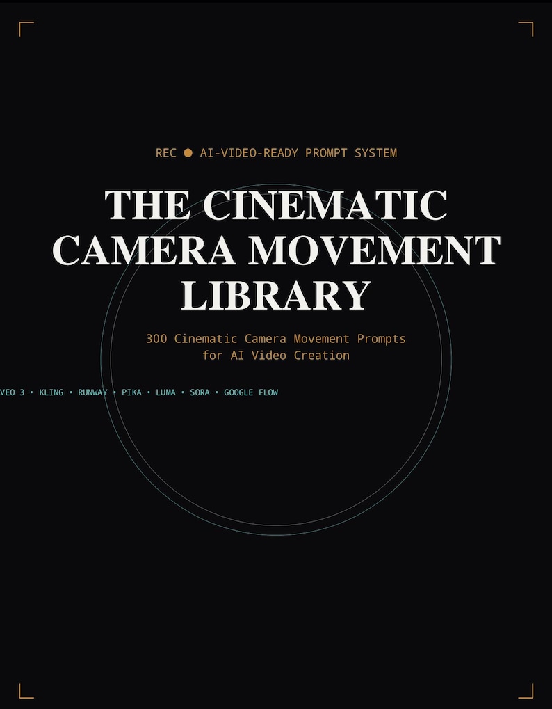 May include: A black digital document titled THE CINEMATIC CAMERA MOVEMENT LIBRARY with the subtitle 300 Cinematic Camera Movement Prompts for AI Video Creation. It includes the text REC AI-VIDEO-READY PROMPT SYSTEM and VEO 3 KLING RUNWAY PIKA LUMA SORA GOOGLE FLOW.