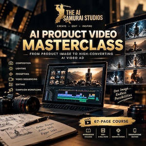 May include: A digital advertisement for The AI Samurai Studios AI Product Video Masterclass. The graphic features a laptop displaying video editing software, a camera, and a notebook with the text Better Prompts, Better Shots, Bigger Sales.