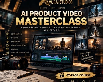 May include: A digital advertisement for The AI Samurai Studios AI Product Video Masterclass. The graphic features a laptop displaying video editing software, a camera, and a notebook with the text Better Prompts, Better Shots, Bigger Sales.