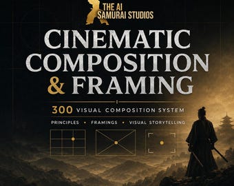 May include: A square graphic design featuring the text THE AI SAMURAI STUDIOS, CINEMATIC COMPOSITION & FRAMING, 300 VISUAL COMPOSITION SYSTEM, PRINCIPLES, FRAMINGS, VISUAL STORYTELLING, and MASTER COMPOSITION. FRAME EMOTION. TELL VISUAL STORIES.