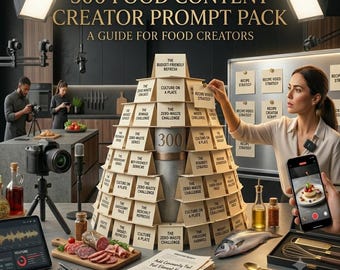 May include: A 300 food content creator prompt pack guide featuring a pyramid of cards with text, a tablet displaying analytics, a camera on a tripod, a cutting board with sliced meat, a fish, and a smartphone showing a dessert photo.