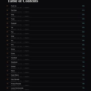 May include: A black page titled Table of Contents with white text listing twenty-one camera movement categories including Push Ins, Pull Outs, Dolly, Truck, Pedestal, Tilt, Pan, Orbit, Arc, FPV, Drone, Crane, Handheld, Steadicam, Gimbal, Macro, and more.