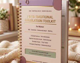 May include: A spiral-bound ADHD Emotional Regulation Toolkit planner with a light pink cover, purple accents, and gold wire binding. The cover features gold text including ADHD Emotional Regulation Toolkit for Women, 13 Guided Sections, and a flower-shaped gold paperclip.