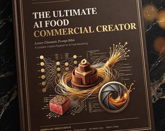 May include: A dark brown hardcover book titled The Ultimate AI Food Commercial Creator. The cover features gold text, a chocolate cake illustration, a steak cube, a camera lens icon, and technical circuit diagrams. It includes the Samurailab logo.