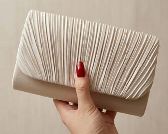Pochette plissettata in poliestere, elegante borsetta a tracolla per matrimoni e feste.