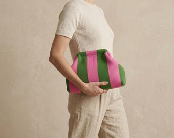 Striped Fold Over Clutch Bag, Minimalist Polyester Pouch, Summer Beach Travel Organizer
