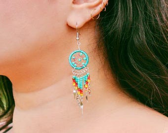 Dromenvanger oorbellen klassieke kleur kralen, lange franje boho hanger handgemaakt