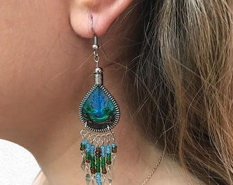 Turquoise en bruine druppelvormige kralen hangoorbellen Boho spirituele sieraden
