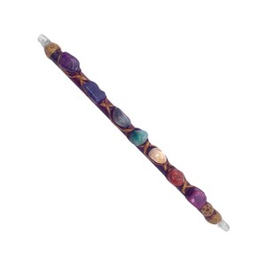 May include: A handcrafted wand with a dark purple handle, adorned with colorful gemstones. The wand features a clear crystal tip on each end and is wrapped with a woven design. The gemstones include amethyst, lapis lazuli, and carnelian.