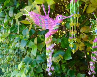Beaded Hummingbird Ornament, Pastel Color, Handmade Rear View Mirror Car Charm Hanging Decor Gift