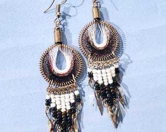 Zwart-witte open cirkel kralen hangoorbellen Boho spirituele sieraden