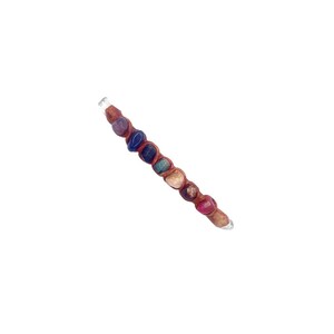 May include: A handcrafted wand featuring a series of colorful gemstones, including purple, blue, green, and red, wrapped in brown leather. The wand has a clear crystal tip and is designed for spiritual practices.