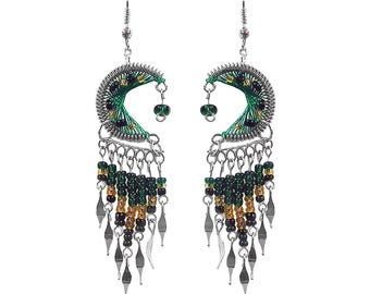 Green & Gold Crescent Beaded Dangle Earrings Boho Spiritual Jewelry