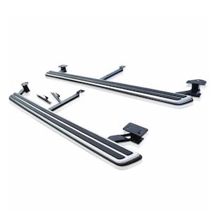 May include: A pair of running boards for a vehicle, featuring a silver and black design. The boards have a rectangular shape with a black rubber strip running down the center. Mounting brackets are included.