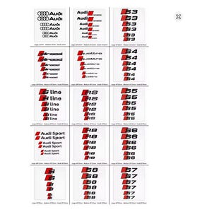 May include: A collection of white and red car decals featuring various Audi logos and model designations, including "S line," "RS," and "quattro." Decals are available in different sizes, with measurements in inches.